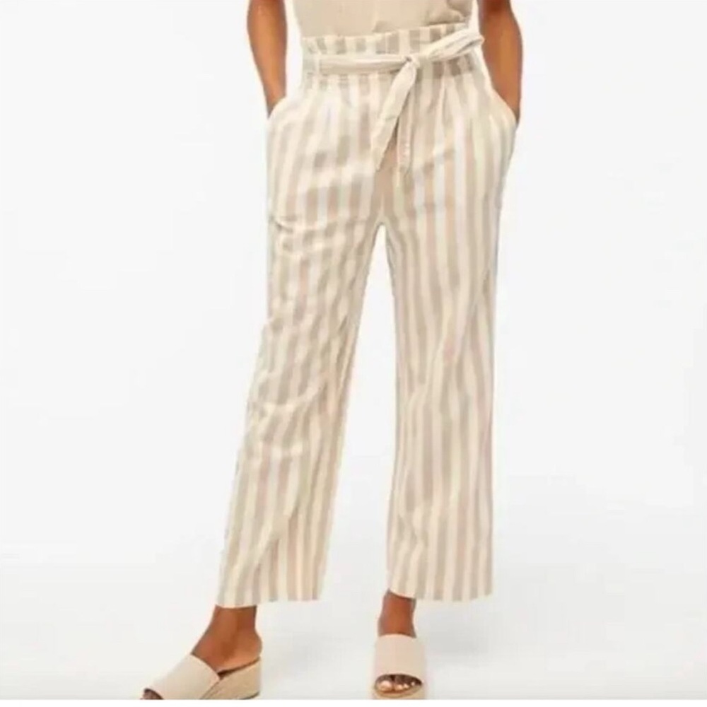 JCrew Paper Bag Linen Pant in khaki stripe, size 4